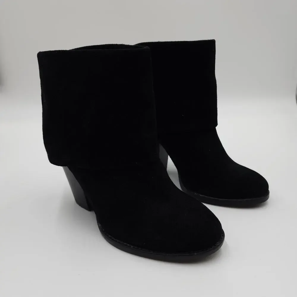 VINCE CAMUTO BRASS Black Suede Leather High Heel Ankle Fold Down Boots Size 6.5